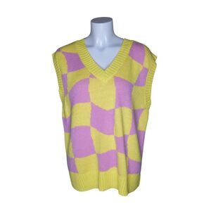 Double Zero Oversized Sweater Vest Checker Print Pink Yellow Womens Small
